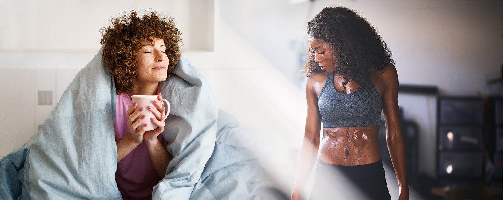 A woman in bed sips coffee, wrapped in a blanket, while another woman in athletic gear glances at her toned body post-workout.