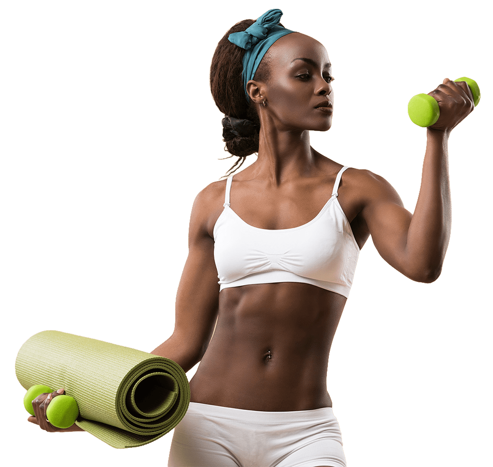 Athletic woman in a white crop top holds a green dumbbell and yoga mat, showcasing strength and fitness. Ideal for wellness and exercise content.